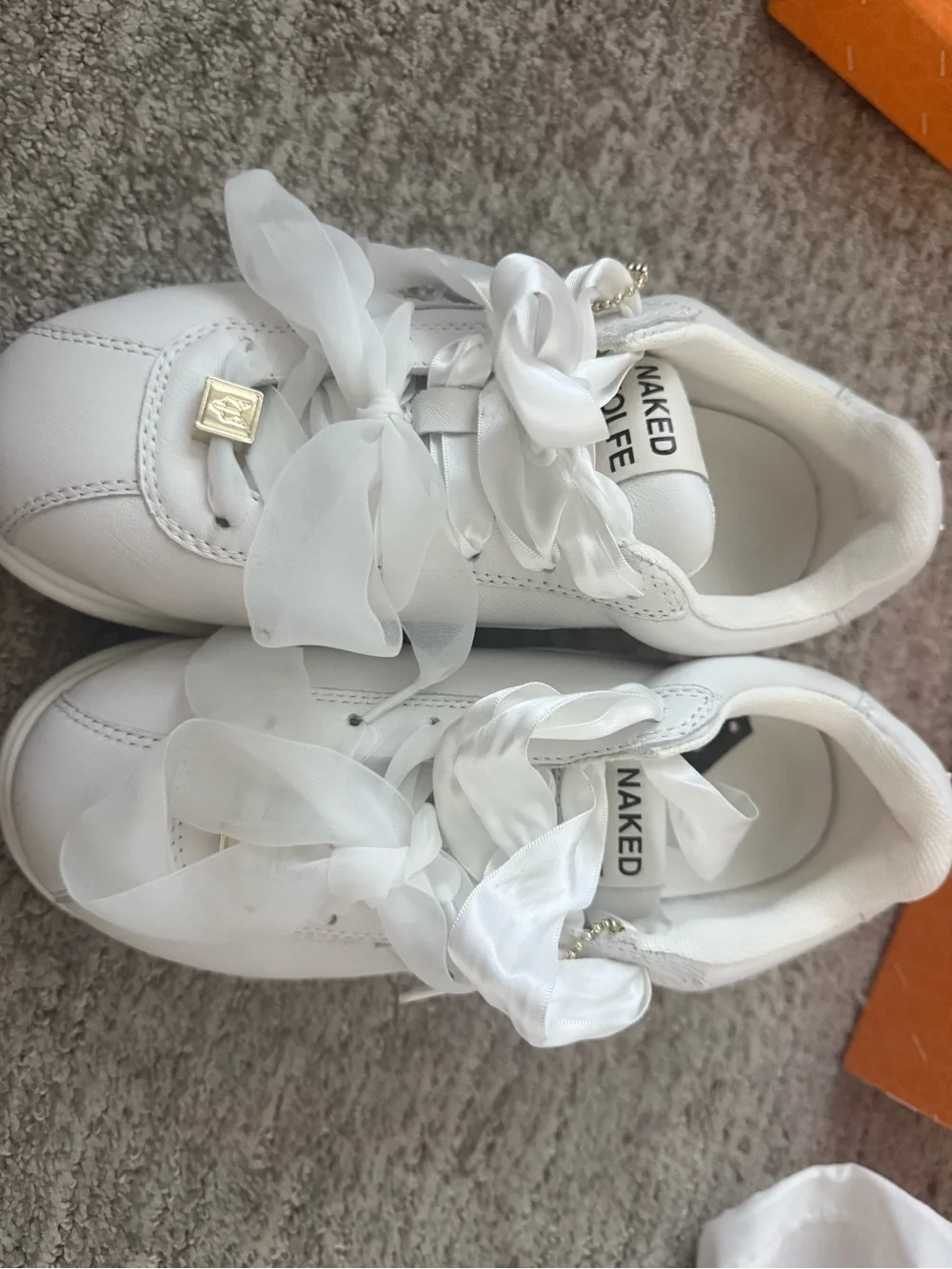 Naked Wolfe Women White Ribbon Lace-Up Sneakers with Gold Charm